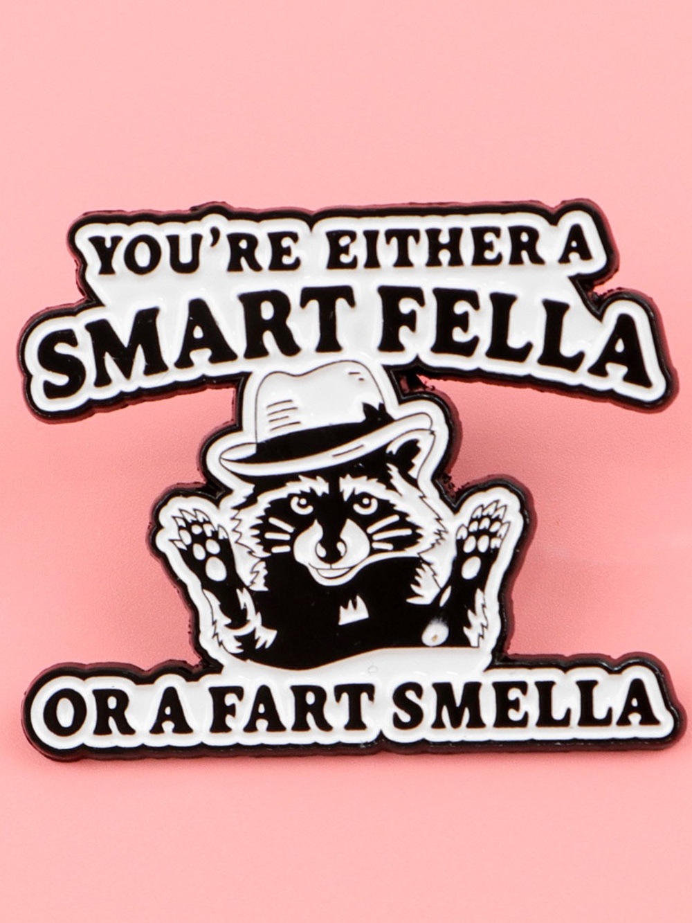 Funny Smart Fella or Fart Smella Raccoon Enamel Pin – Black & White Pin